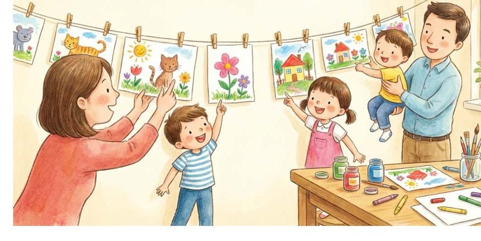 A family hanging children's artwork on a string gallery